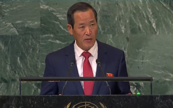 国連総会で演説する北朝鮮の金星国連大使（動画から撮影）