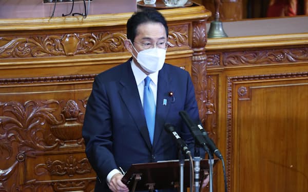 20年度決算で内閣に対する警告に関し所信を述べる岸田首相（15日、参院本会議）