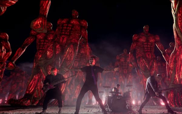 ぴあが製作を担ったパンクバンド「SiM」の人気曲「The Rumbling」のミュージックビデオのワンシーン。現実空間と仮想空間を融合したクロスリアリティー（XR）関連の技術が駆使されている
