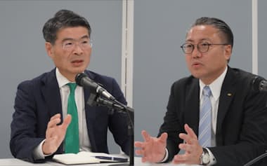 長崎県知事選への出馬を表明した現職の大石氏(右)と平田氏