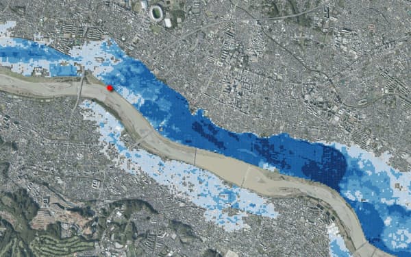 鹿島は地形を３Ｄ化し、河川の氾濫をシミュレートして浸水被害を予測する（イメージ図）