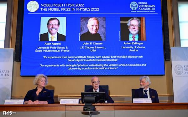 4日、スウェーデン王立科学アカデミーはノーベル物理学賞をアラン・アスペ教授ら米欧の3人に授与すると発表した=ロイター
