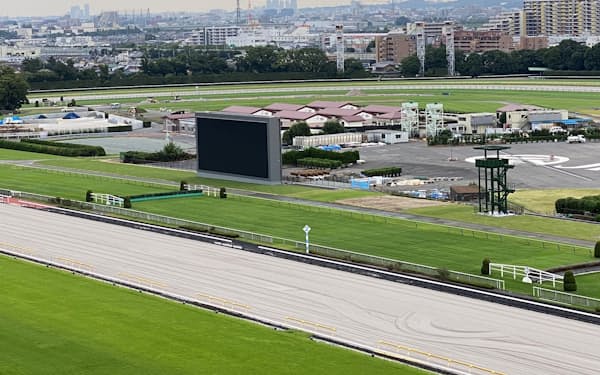ラジオNIKKEI放送席から見た東京競馬場の新国際厩舎（大型スクリーン奥）