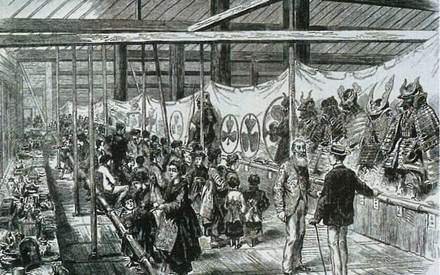 女人結界の解禁のきっかけとなった第1回京都博覧会の様子(「描かれた幕末明治―イラストレイテッド・ロンドン・ニュース日本通信1853-1902」より) 女人結界の解禁のきっかけとなった第1回京都博覧会の様子(「描かれた幕末明治―イラストレイテッド・ロンドン・ニュース日本通信1853-1902」より)