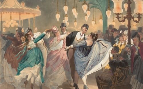 1870年代に描かれた「La valse à Mabille」（マビーユでのワルツのダンスシーン）。19世紀の保守的な人々にとって、ダンサーが互いの体に腕を回すワルツはスキャンダラスだった。ワルツが登場する前は、ダンサーが手をつなぐだけで、2人の距離が近いと見なされていた。（PHOTOGRAPH BY FINE ART IMAGES, HERITAGE IMAGES, GETTY IMAGES）