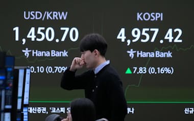 Currency traders watch monitors near a screen showing the Korea Composite Stock Price Index (KOSPI) and the foreign exchange rate between U.S. dollar and South Korean won, left, at the foreign exchange dealing room of the Hana Bank headquarters in Seoul, South Korea, Tuesday, Jan. 27, 2026. (AP Photo/Ahn Young-joon)