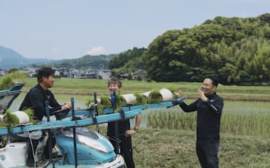 田植えする筑邦トゥルーバファームの社員ら(福岡県内)
