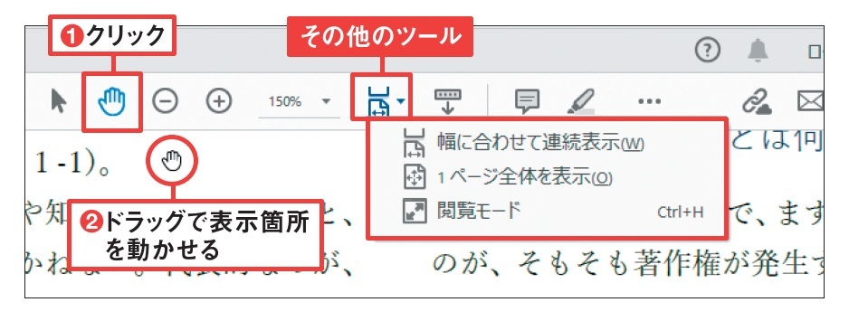 図3 ツールバーの「クリックして文書をパン」を選択してポインターを手の形にすると、拡大表示しているページの表示箇所をドラッグで動かせる(1、2)。ポインターを通常の矢印に戻すときは、左側の「テキストと画像の選択ツール」を選ぶ。なお「その他のツール」メニューにも表示倍率を変えるコマンドが用意されている