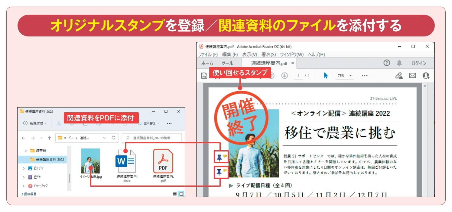 図1 Acrobat Reader DCには「承認済」「草稿」などのスタンプが用意されていて、資料の状態を視覚的に示せる。独自のスタンプも登録可能だ。PDFに元ファイルや素材ファイルを添付しておくと、関連資料をPDF内から呼び出せる。元ファイルを紛失しても安心だ