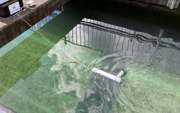 水に浮かぶセンシングモジュールは自己発電しながら計測・通信ができる（19日、香川県琴平町）