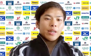 オンラインで取材に応じる柔道男子の永山竜樹(29日)=共同