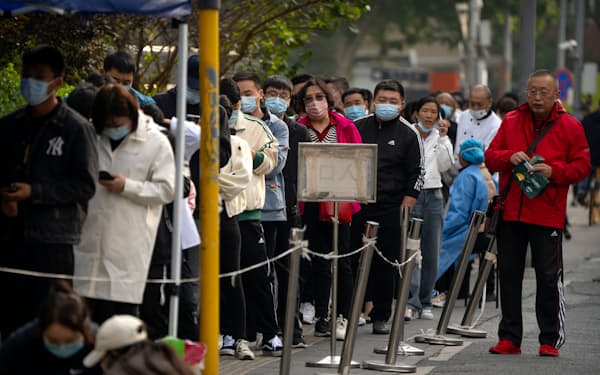 終わりが見えない「ゼロコロナ」政策に伴う厳しい移動制限が経済の先行き不安を強めている（北京市のPCR検査場）＝AP