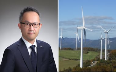 Jパワーの社長に就任する加藤氏と同社が開発した風力発電