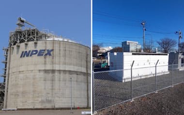 INPEXの天然ガス関連設備㊧とミツウロコ子会社の蓄電所