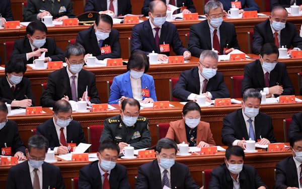 第20回中国共産党大会の開幕式で活動報告に耳を傾ける党幹部ら（10月16日、北京の人民大会堂）