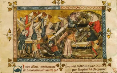 1353年にベルギーのトゥルネーで、黒死病で亡くなった人を埋葬する様子を描いた彩飾写本。黒死病は数年のうちに南欧から北部へと広がった。(PIERART DOU TIELT, ROYAL LIBRARY OF BELGIUM, HERITAGE IMAGES / SCIENCE PHOTO LIBRARY)