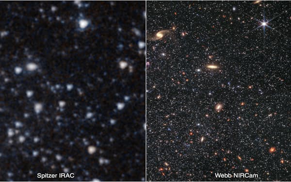 スピッツァー宇宙望遠鏡が捉えた銀河「WLM」の画像（左）とジェームズ・ウェッブ宇宙望遠鏡の画像（右）　提供：
NASA, ESA, CSA, IPAC, Kristen McQuinn (RU), Zolt G. Levay (STScI), Alyssa Pagan (STScI)