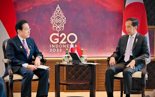インドネシアのジョコ大統領と会談する岸田首相（14日、インドネシア・バリ島）＝インドネシア大統領府提供