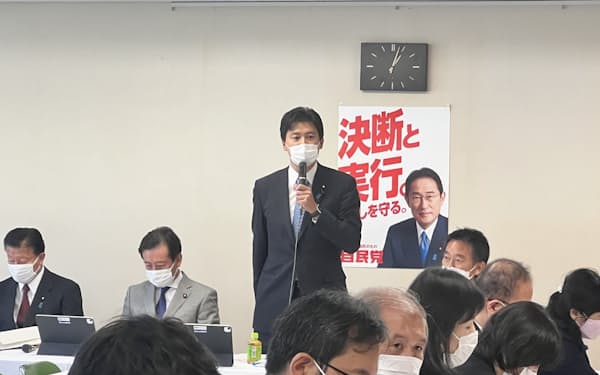 自民党の日本語教育の今後の方向性に関する検討プロジェクトチーム（PT）であいさつする三谷座長（16日、党本部） 