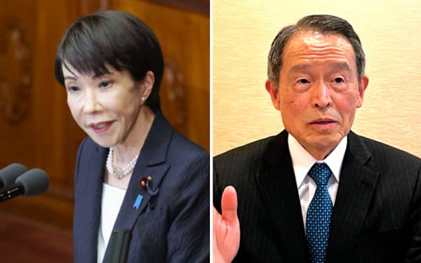 施政方針演説をする高市首相(左、20日)、元外交官の倉井高志氏