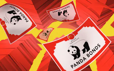 On Sept. 15, there were 389 billion yuan ($54.6 billion) worth of panda bonds outstanding, surpassing the figure for samurai bonds, which foreign companies issue in Japan. (Illustration by Hiroko Aida)