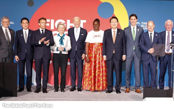 グローバルファンド第7次増資会合で岸田文雄首相(左から2人目)と各国・地域首脳=The Global Fund/Tim Knox提供