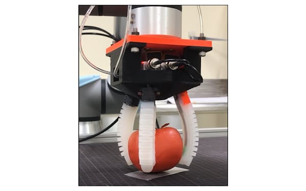 開発したセンサーを取り付けたロボットは柿をそっとつかんだ＝産業技術総合研究所・杉野卓司氏提供