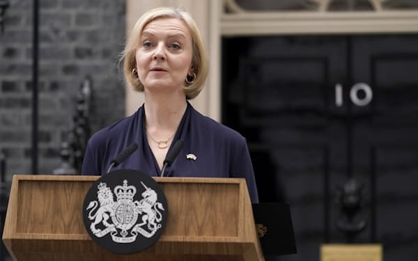 Britain's Prime Minister Liz Truss addresses the media in Downing Street in London, Thursday, Oct. 20, 2022. Truss says she resigns as leader of UK Conservative Party. (AP Photo/Alberto Pezzali)