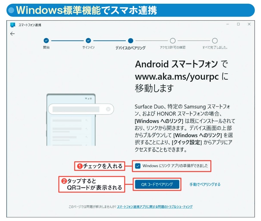 図2 Windowsが標準で備える「スマートフォン連携」アプリを起動し、画面の指示に従って進む。スマホ側にも図3のアプリをインストールしておく。準備ができたら「Windowsにリンクアプリの・・・」にチェックを入れ(1)、「QRコードでペアリング」をクリック(2)