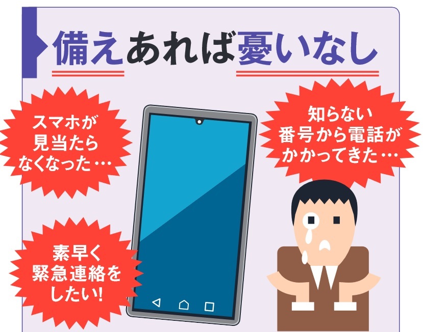 図1 スマホをどこかに置き忘れた、迷惑電話の対応がうっとうしい⋯⋯。そんなトラブルに対処する方法を知っておこう。110番や119番に緊急通報する機能も併せて紹介する