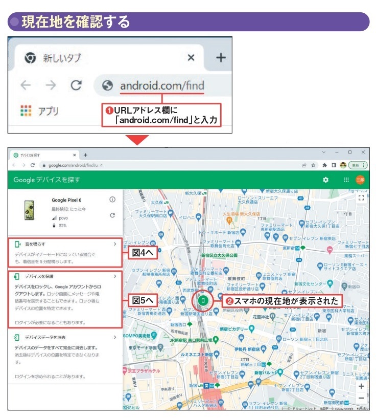 図3 パソコンでスマホを探すには、Chromeを起動し、URLアドレス欄に「android.com/find」と入力(1)。「Enter」を押すと、「Google デバイスを探す」ページに切り替わる。スマホと同じGoogleアカウントでログインし、バッテリーが切れていなければ現在地が表示される(2)