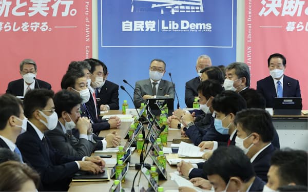 自民党本部で開かれた党税調の小委員会。奥中央は宮沢会長（13日）