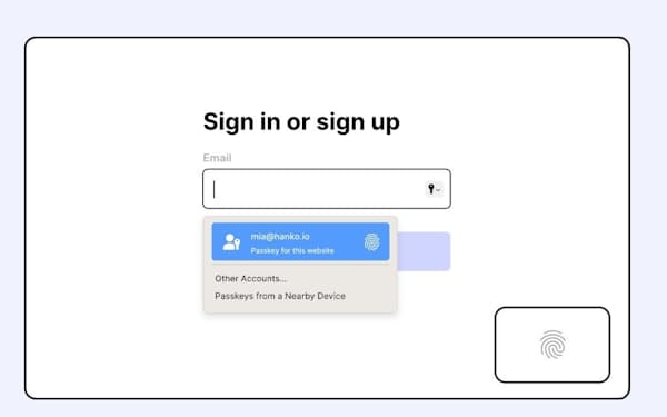 パスキーのログイン画面例。指紋の認証情報によってIDやパスワードの入力を不要にできる