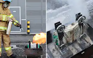 バッテリーの火災を特殊な消火剤で鎮火させる(3日、ソウル市近郊)=安成福撮影 バッテリーの火災を特殊な消火剤で鎮火させる(3日、ソウル市近郊)=安成福撮影