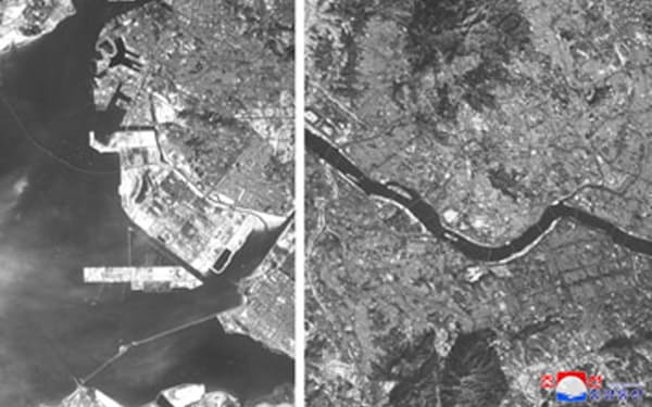 18日に衛星実験機から伝送したと主張する写真。右がソウル中心部、左が仁川港とみられる＝朝鮮通信