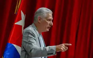 Cuban President Miguel Diaz-Canel delivers a welcome speech to participants of the "Nuestra America," or Our America Convoy at the Convention Palace in Havana, Cuba, Friday, March 20, 2026.(Adalberto Roque/Pool Photo via AP) Cuban President Miguel Diaz-Canel delivers a welcome speech to participants of the "Nuestra America," or Our America Convoy at the Convention Palace in Havana, Cuba, Friday, March 20, 2026.(Adalberto Roque/Pool Photo via AP)