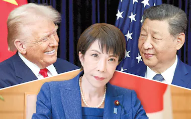 左からトランプ米大統領、高市早苗首相、習近平・中国国家主席=NIKKEI montage/ロイター