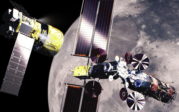 月を周回する有人拠点「ゲートウエー」（右）と物資を輸送する補給船（左）のイメージ図（ⓒJAXA）