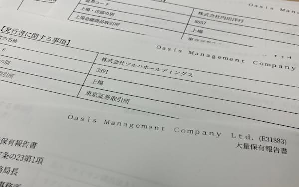 オアシス・マネジメントは内田洋行株とツルハＨＤ株の大量報告書を提出した