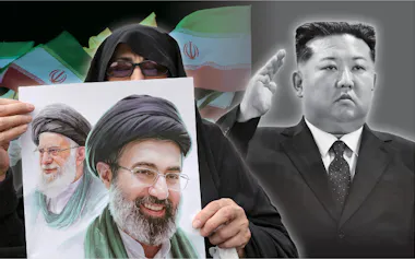 左からテヘランでハメネイ師とモジタバ師の肖像を掲げる人=WANAロイター、イラン国旗=AP、北朝鮮の金正恩総書記=朝鮮中央通信・共同