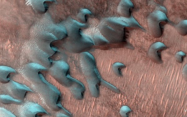 NASAの火星周回探査機のカメラが捉えた火星の砂丘を覆う霜（提供：NASA/JPL-Caltech/アリゾナ大学）