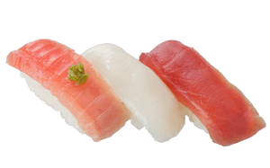 元気寿司が期間限定で販売する、中トロ・マグロ・イカの「紅白三昧」(3貫300円)