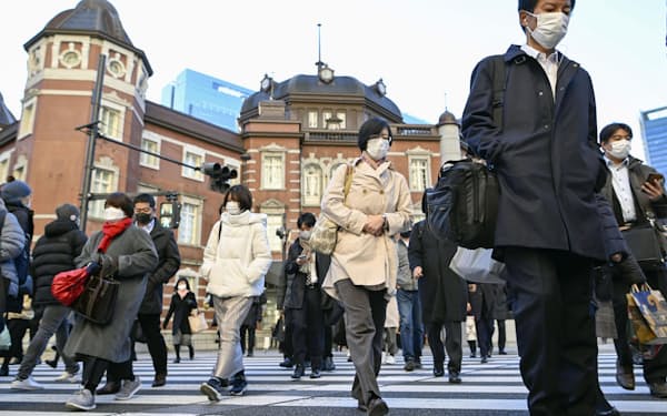 仕事始めを迎え、マスク姿で通勤する人たち（4日、JR東京駅前）=共同