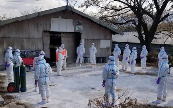 鳥インフルエンザの発生施設で防疫作業にあたる県職員ら（福岡県糸島市、県提供）