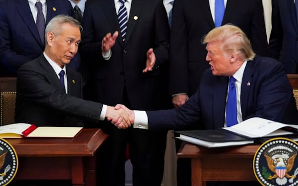 トランプ大統領（当時）と握手する劉鶴副首相㊧＝ロイター