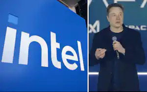 インテルのロゴ㊧とイーロン・マスク氏 インテルのロゴ㊧とイーロン・マスク氏