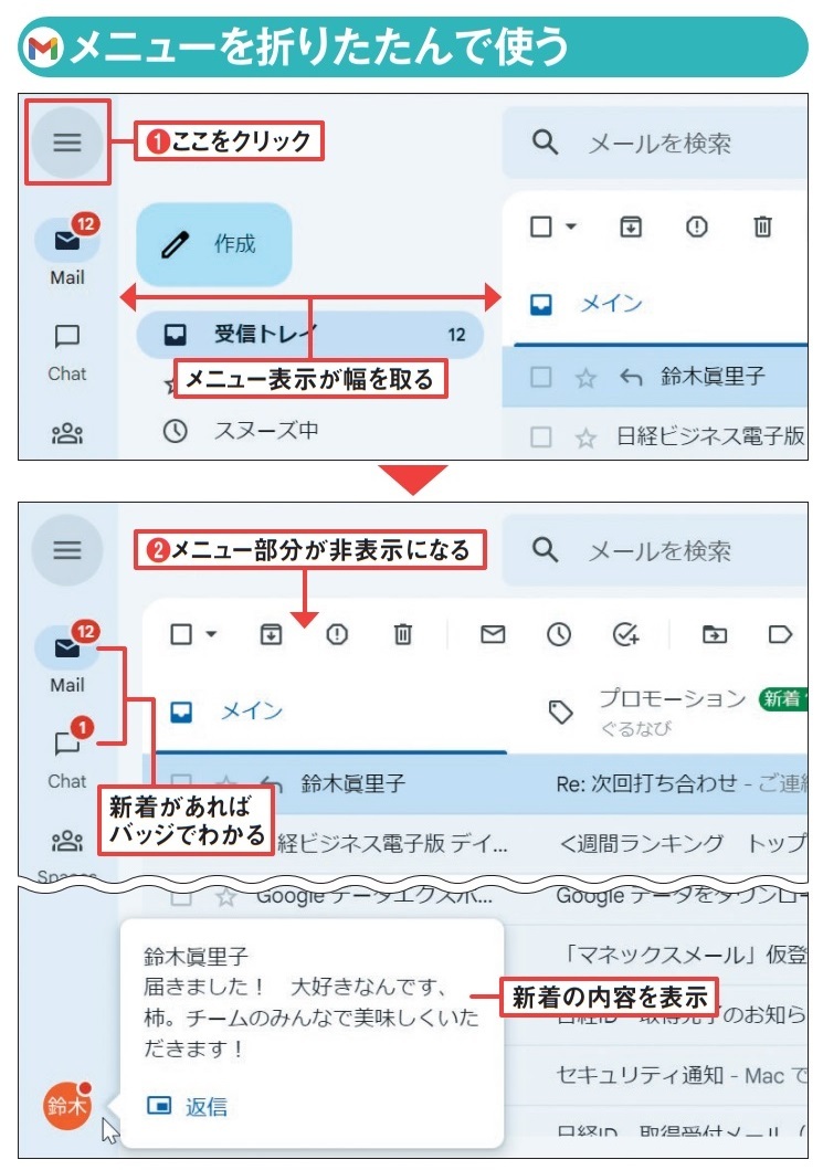 図1　画面左上隅にある「≡」ボタンをクリックすると、メニュー部分の表示/非表示を切り替えられる（1、2）。メニューが非表示でも、新着メールの数はアイコンのバッジで確認でき、新着のチャットやスペースは左下の「通知バブル」でも見られる