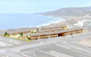 復興住宅「大谷町団地(仮称)」のイメージ。能登半島地震と奥能登豪雨で被害を受けた石川県珠洲市大谷町の海沿いに、大阪・関西万博の大屋根リングで使われた木材を再利用した集合住宅を建てる(出所:坂茂建築設計)