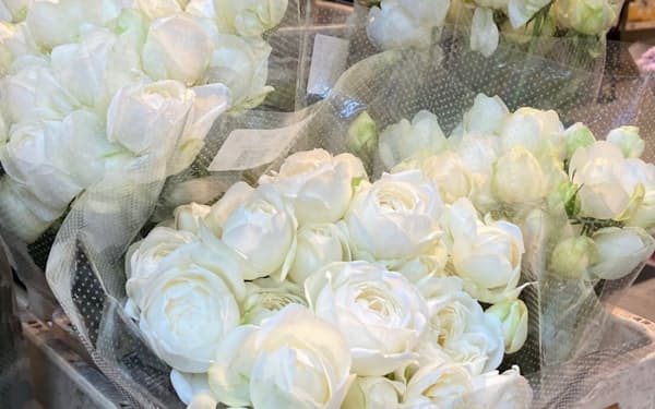 白いバラは業務用で根強い人気がある（1月、東京都大田区）