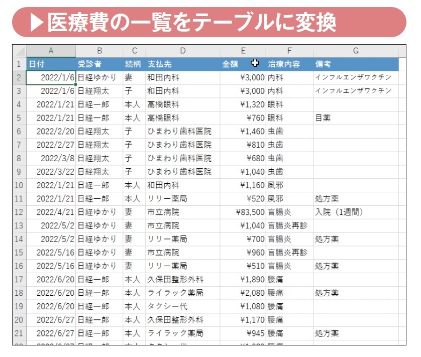 図2 医療費データを入力済みのExcelファイルを用意した(https://web-cache.stream.ne.jp/www11/nikkeibpw/pc/pc21/download/2302office.zip)。それを入手してピボットテーブルの使い方を学ぼう。なお、自分で入力する際は時系列で並べる必要はなく、手元にあるレシートを見ながらどんどん入力していけばよい。申請書類で必要な「受診者」「支払先」「金額」の3つの見出しは必ず用意する